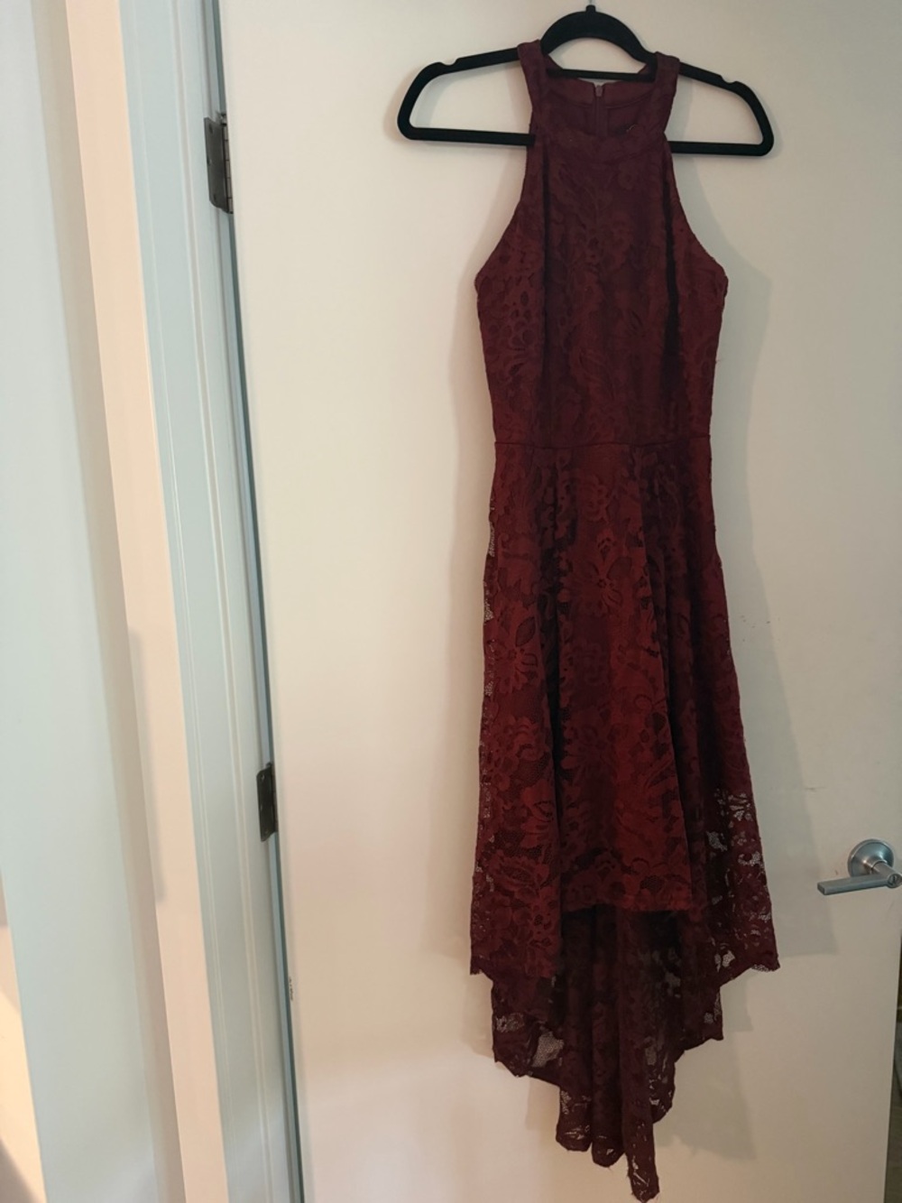Lace High-Low Halter Dress in Burgundy